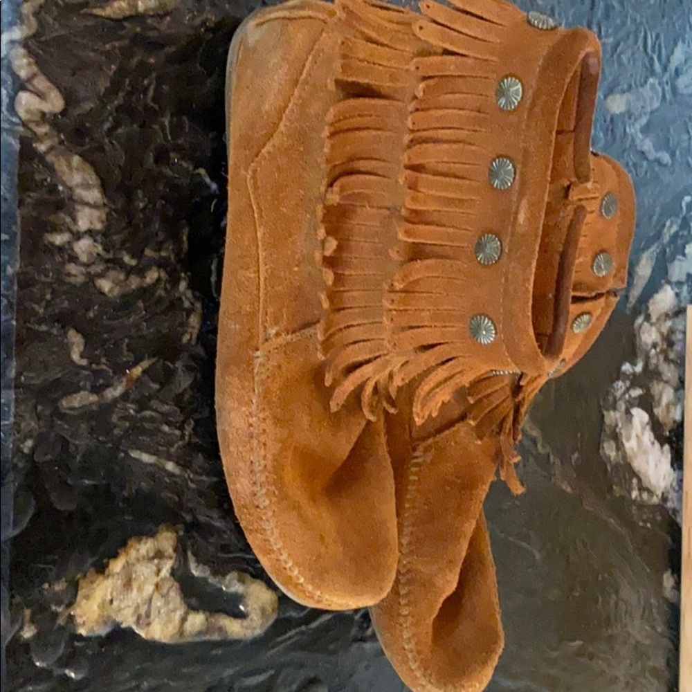 Minnetonka double fringe studded moc booties